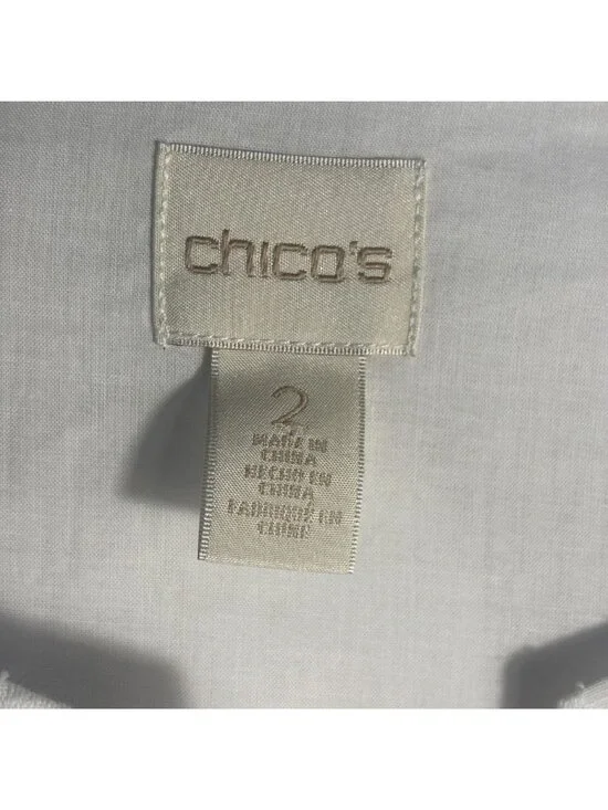 White Chico's Sheer Polka Dot Blouse With Crochet Trim & 3/4 Bell Sleeves - Picture 5 of 6